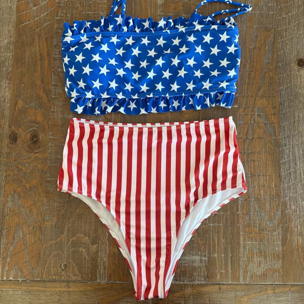 American Flag Print Ruffle Bikini Set Size M